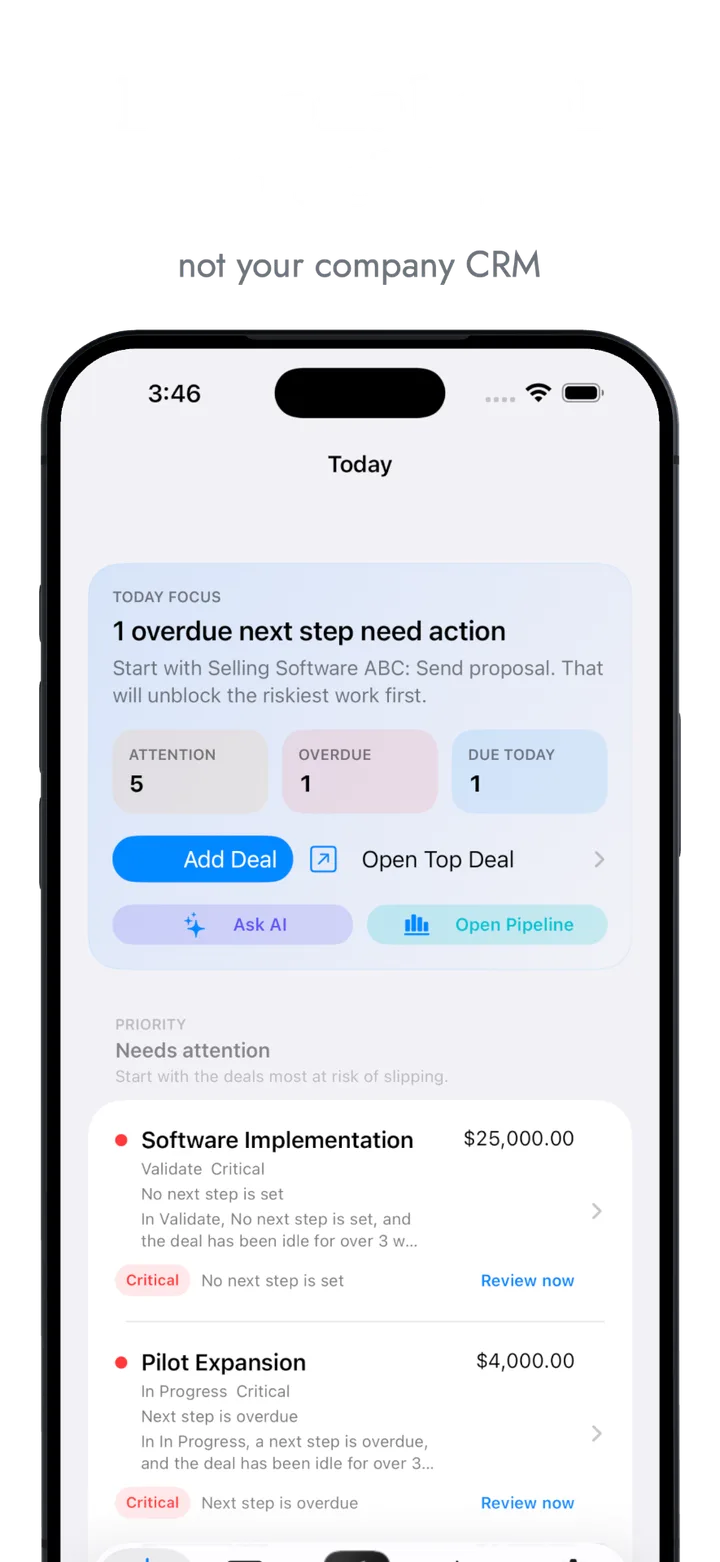 DealBuddy IQ Today screen showing focus, overdue next steps and priority deals